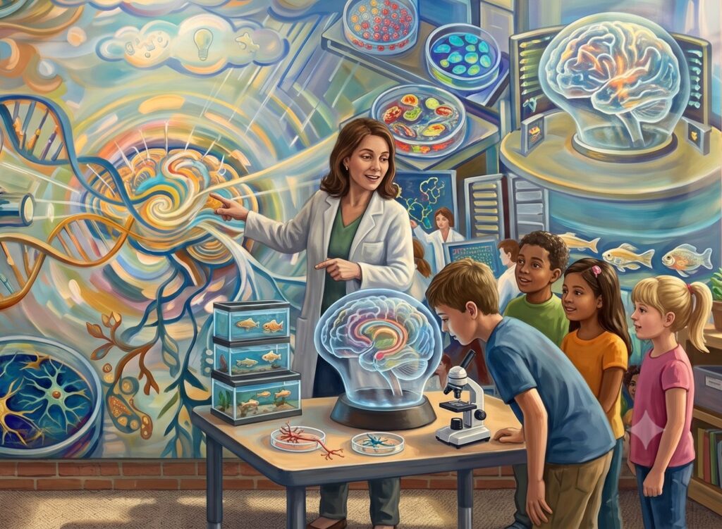 Scientist pointing into DNA while giving lecture to children